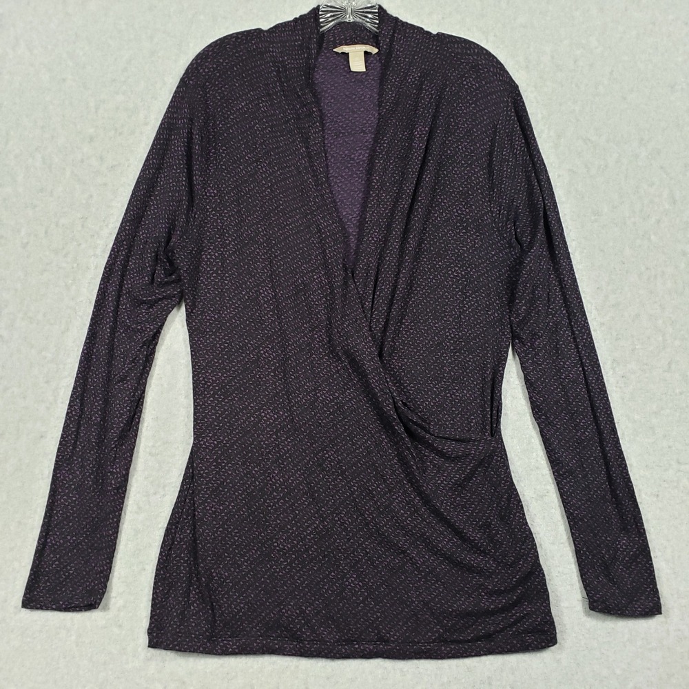 Classic Banana Republic Women Purple Printed Faux Wrap Long Sleeve Top XL Career